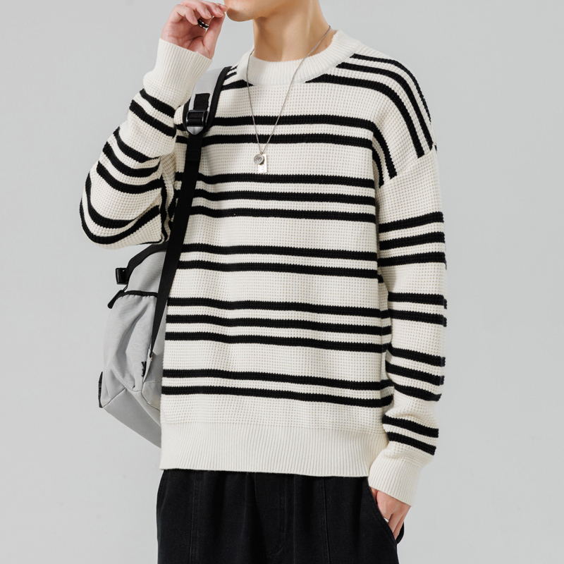 男士秋冬季潮牌条纹宽松保暖针织衫线衣青少年学生帅气简约毛衣