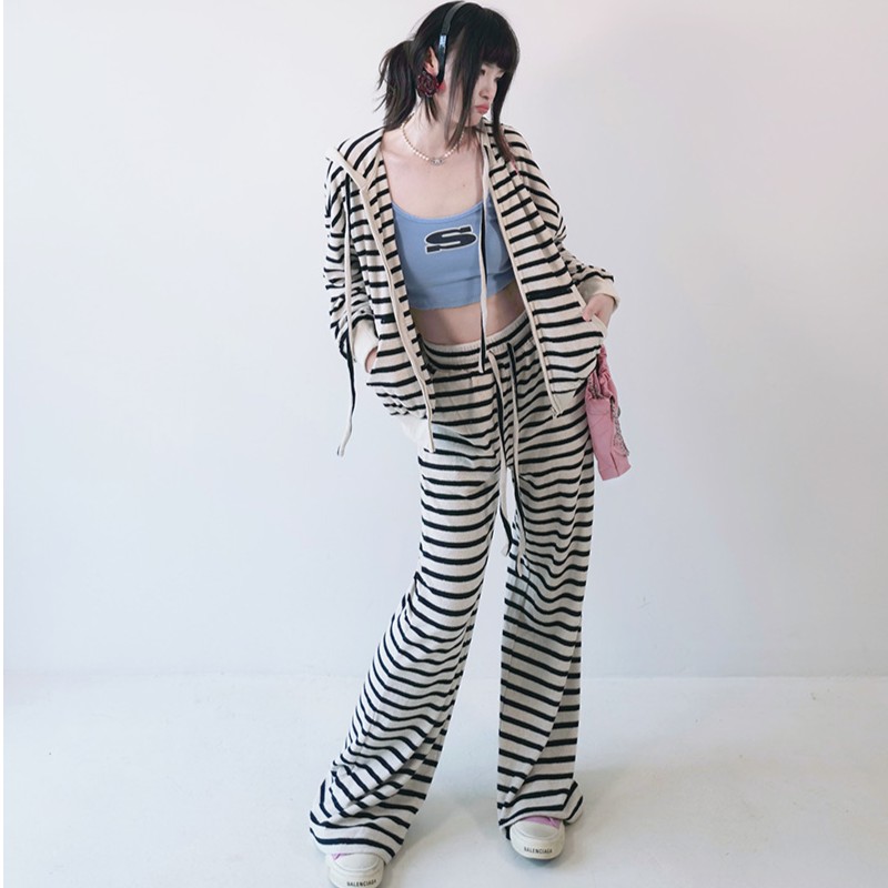 175高个子加长运动套装女秋季条纹休闲洋气时尚卫衣阔腿裤两件套