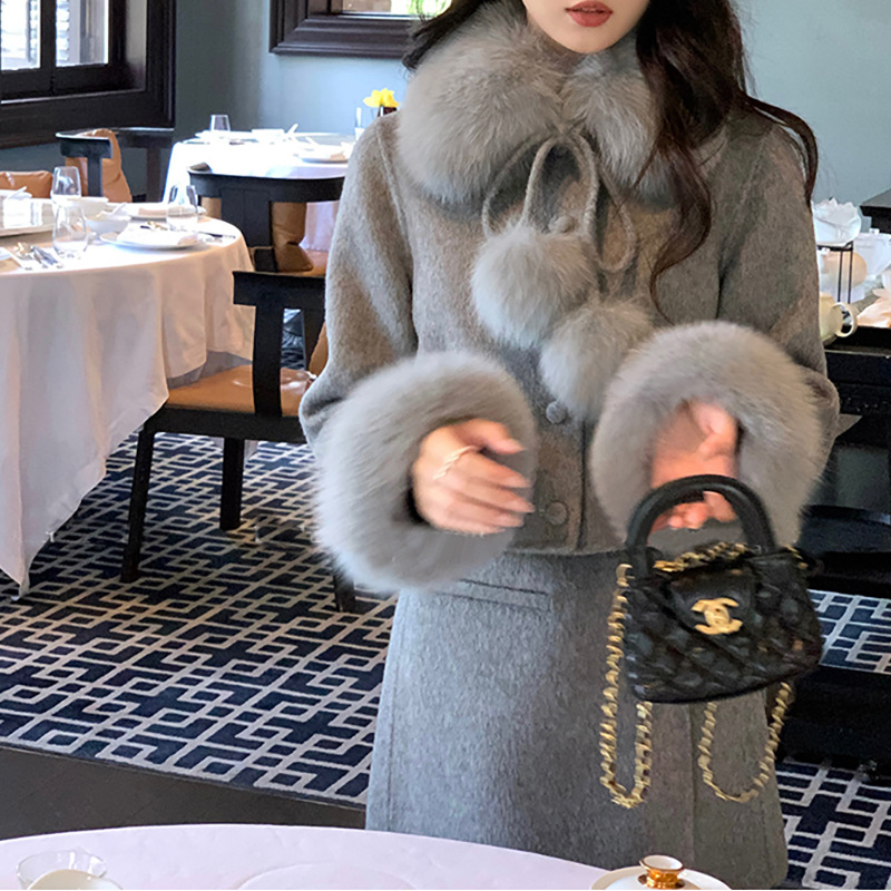 秋冬新款毛领千金时尚名媛气质双面毛呢套装小个子短裙气质洋气潮