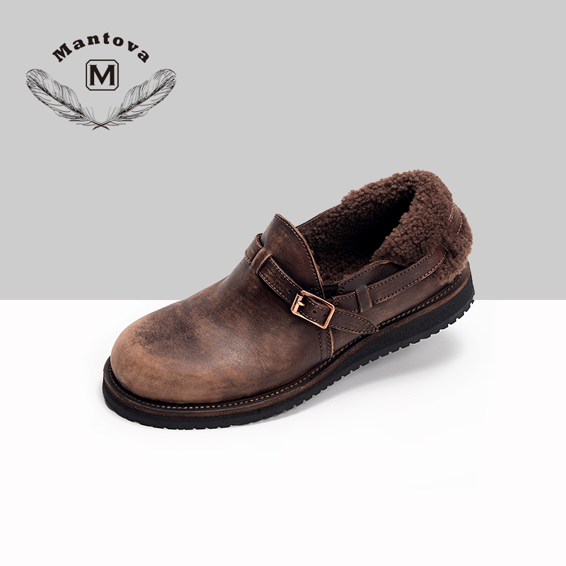 曼托瓦加毛加绒勃肯鞋极光鞋米其林鞋底马皮低帮女鞋皮鞋冬季保暖