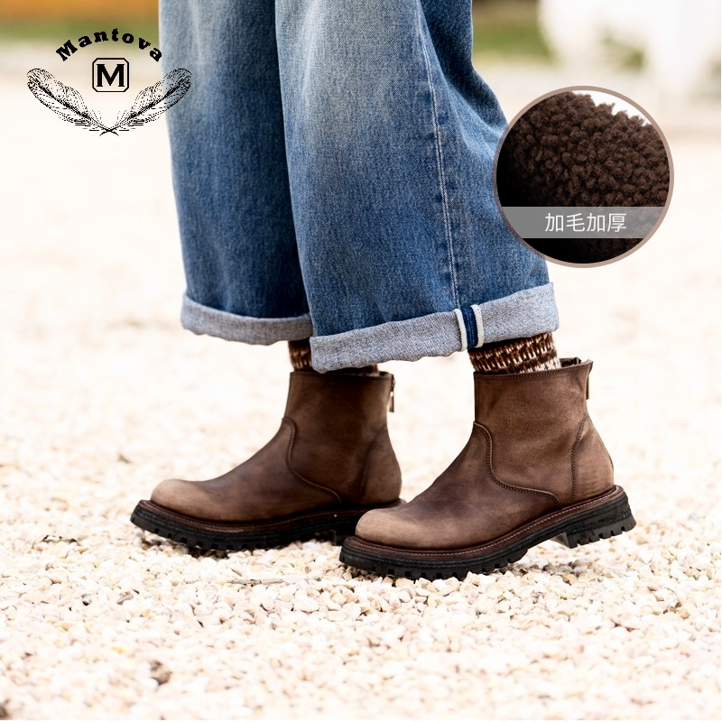 曼托瓦加毛加厚马丁靴雪地靴女鞋马皮民族风复古短筒秋冬女靴保暖