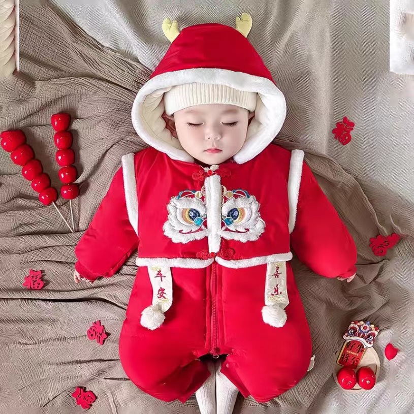 婴儿拜年喜庆冬装宝宝男女连体衣新生儿新年衣服过年外出保暖加厚