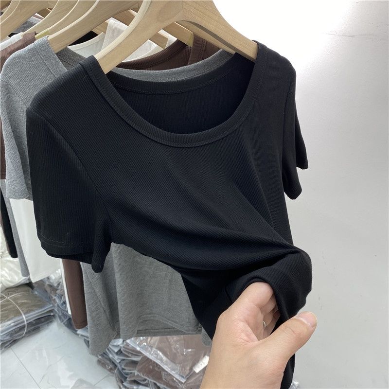 【爆款代发】夏季新款螺纹T恤短袖纯色U领大圆领弹力百搭女短袖