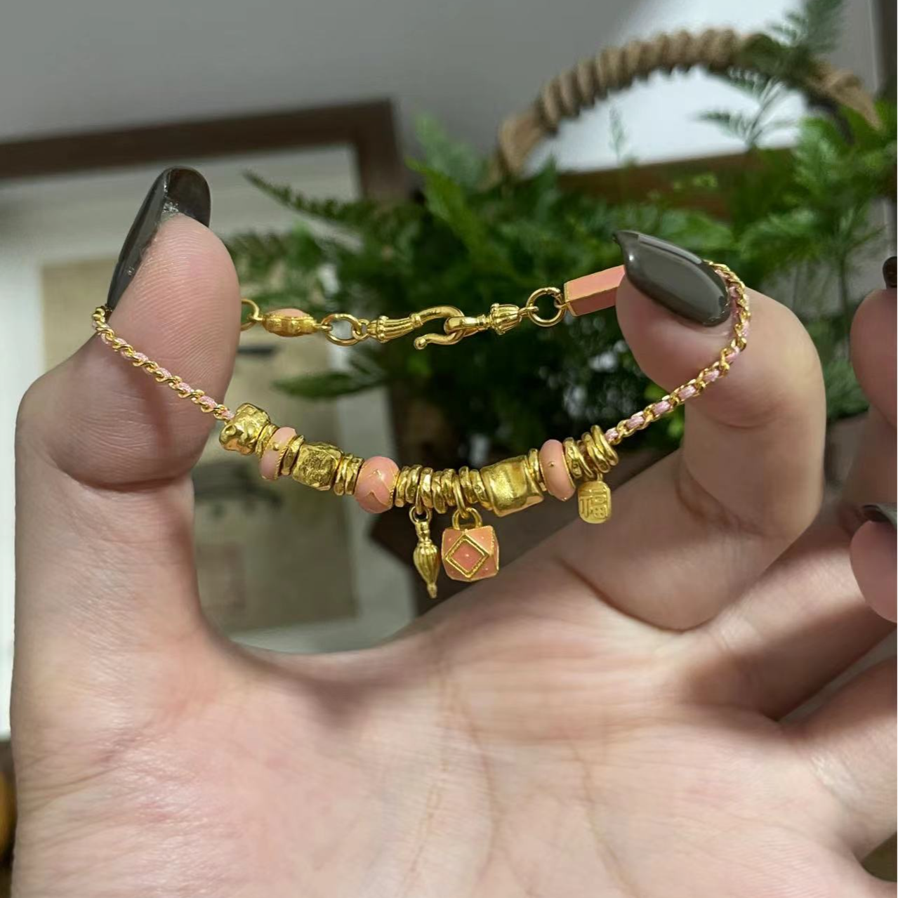  蜜伽珠宝 足金999 古法手工黄金粉色系盘缠穿链