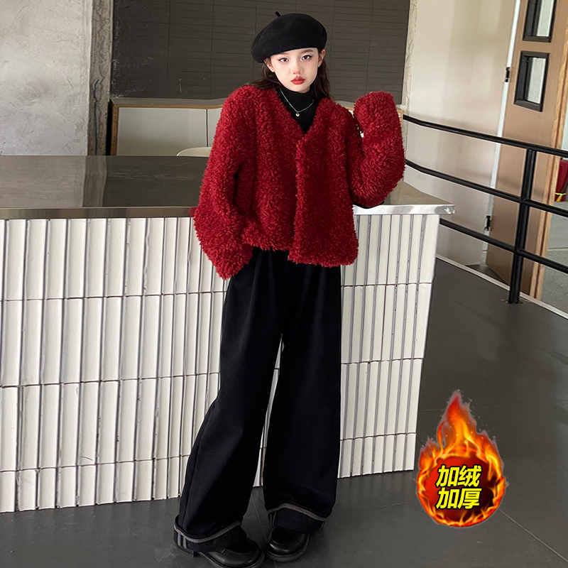 女童秋冬款皮毛一体外套洋气大童百搭打底衫休闲阔腿裤冬季三件套
