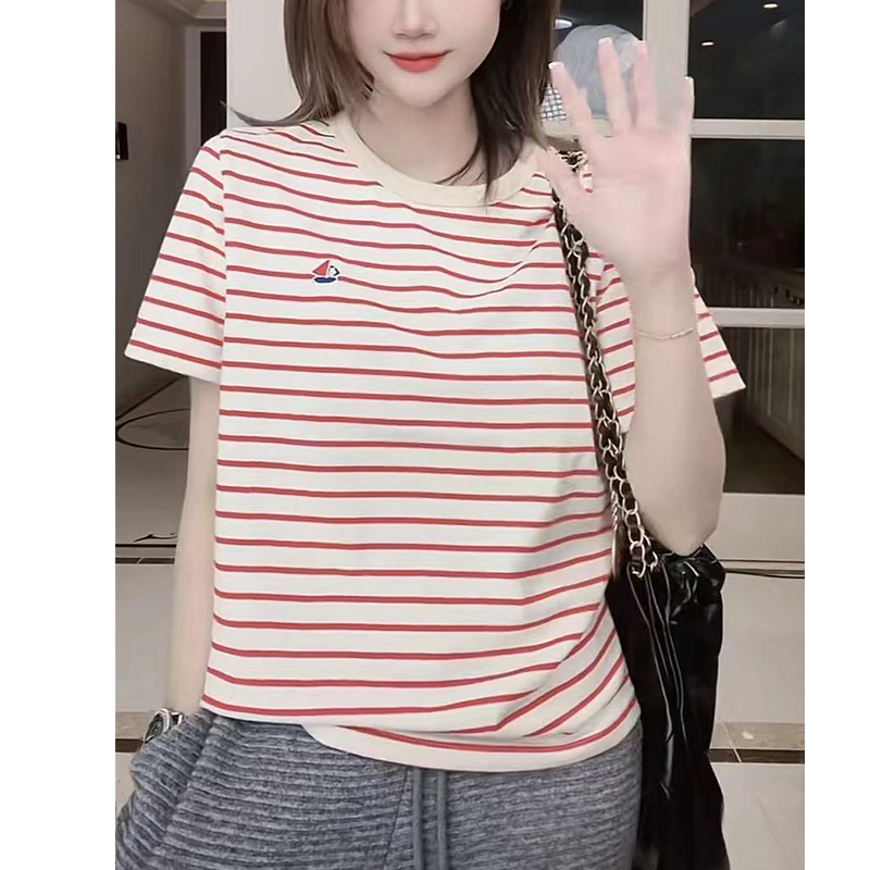 小帆船海魂衫重磅棉美式复古水手条纹圆领夏季纯棉休闲短袖T恤02
