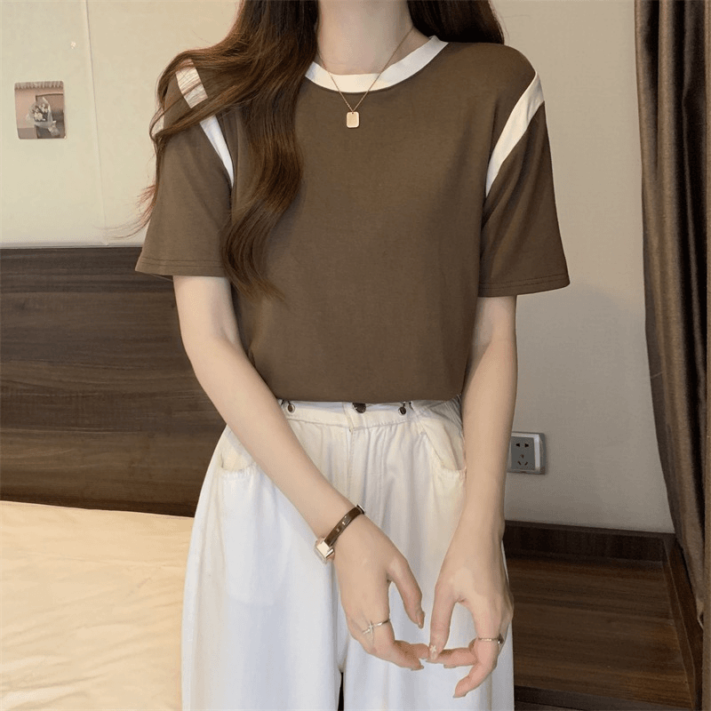 休闲简约奥棉短袖T恤圆领洋气宽松显瘦时尚棉质打底衫女韩版百搭2