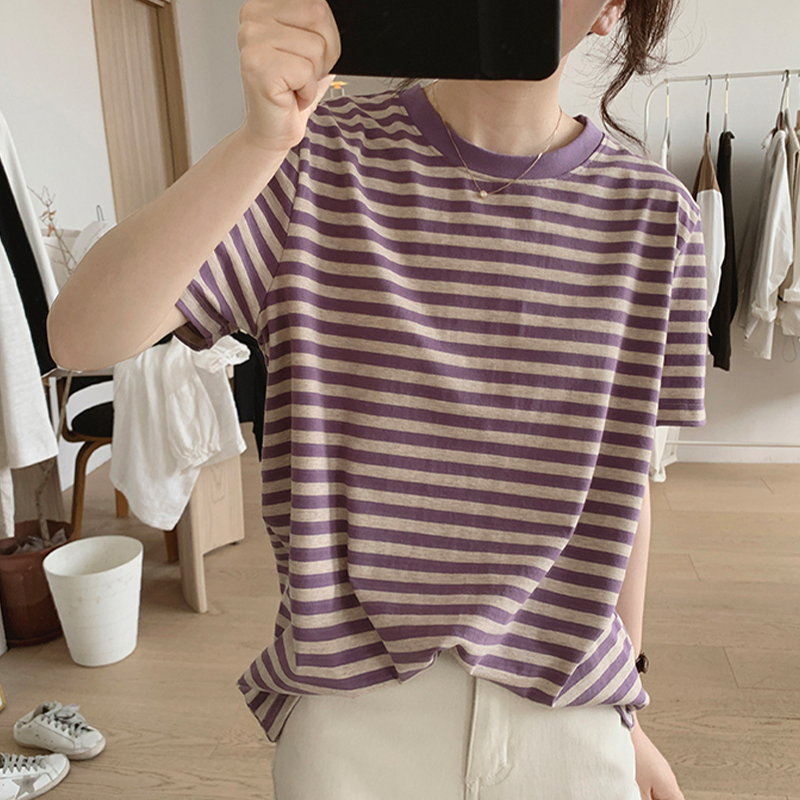 条纹短袖棉质t恤女夏季宽松弹力夏显瘦时尚减龄时尚韩新款休闲