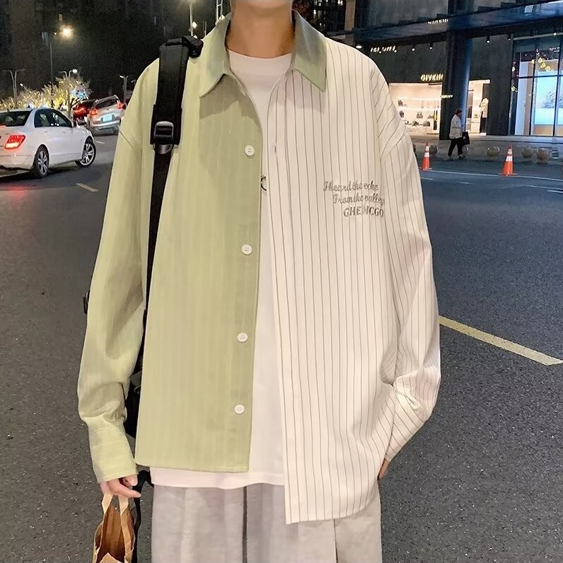 拼接长袖衬衫男夏季薄款设计感撞色条纹衬衣潮牌休闲防晒寸衫外套