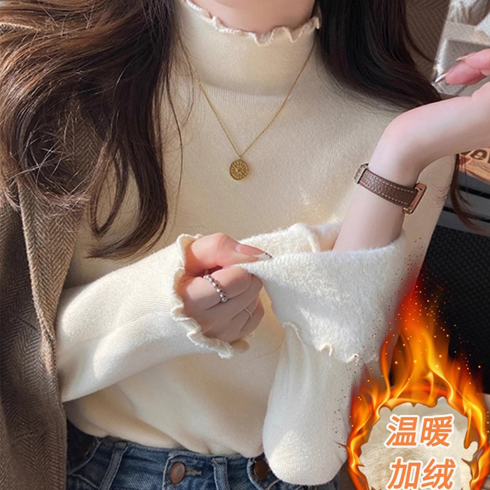 半高领加绒加厚毛衣女秋冬木耳边打底衫内搭新款2024一体绒针织衫