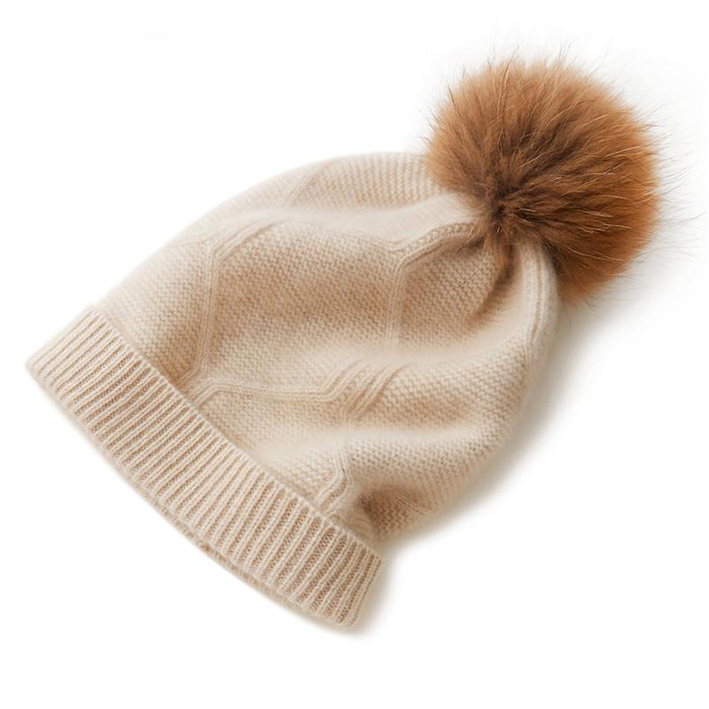 肤若六角纯山羊绒毛球帽针织时尚百搭春秋女士加厚保暖防风秋冬季
