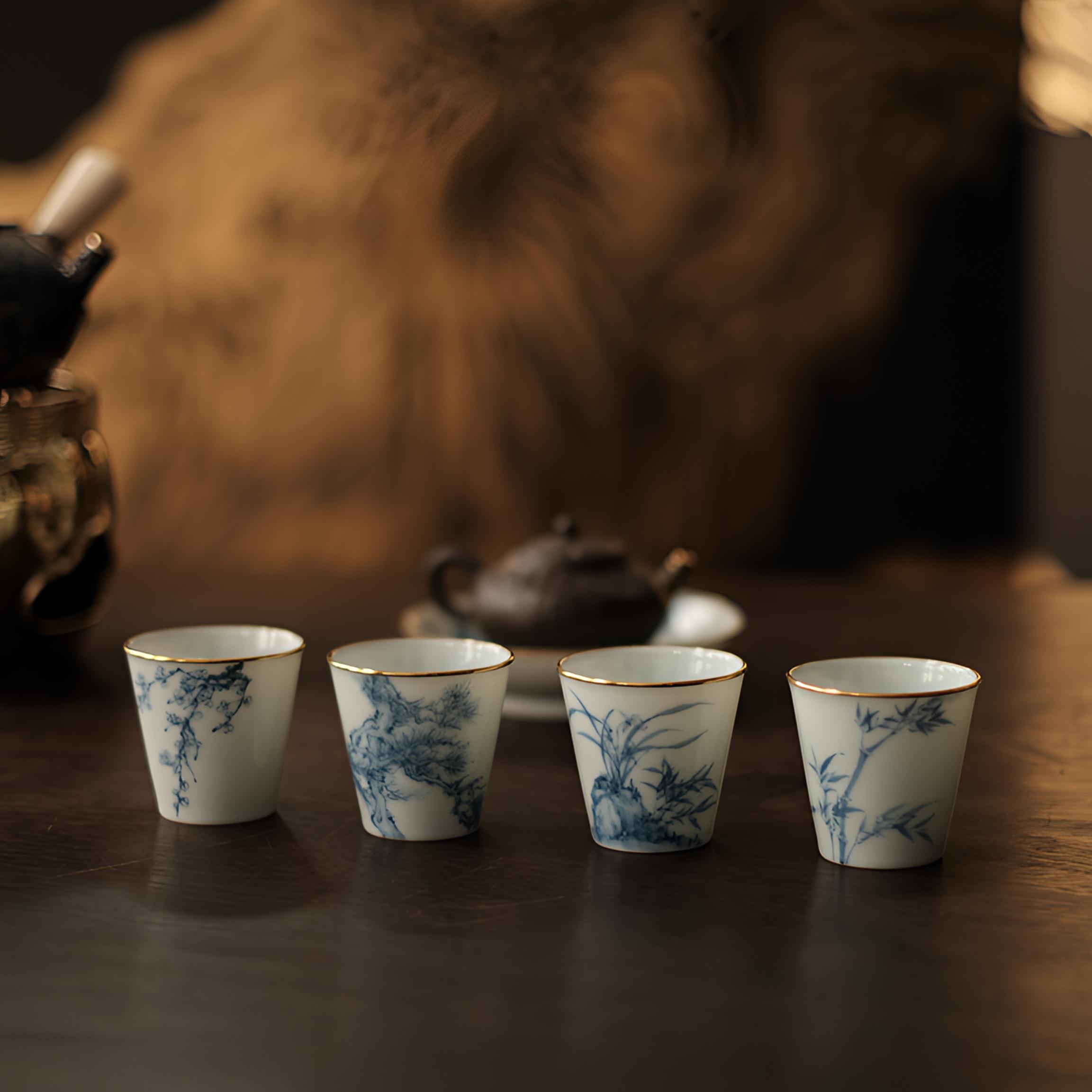 【舒砚北記】-清物堂李郡娜四君子内绘仿古青花包金功夫茶杯