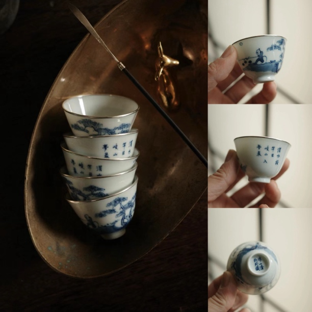 清物堂2024年柴窑民艺品茗杯手绘民窑青花瓷杯珠山清物珍藏35cc