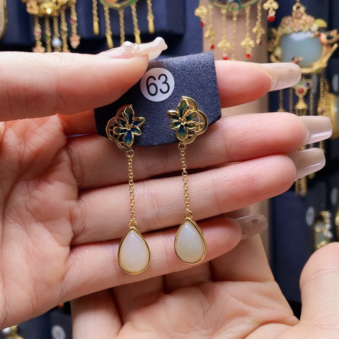 【闪购商品】和田玉耳饰银S925镀金镶嵌