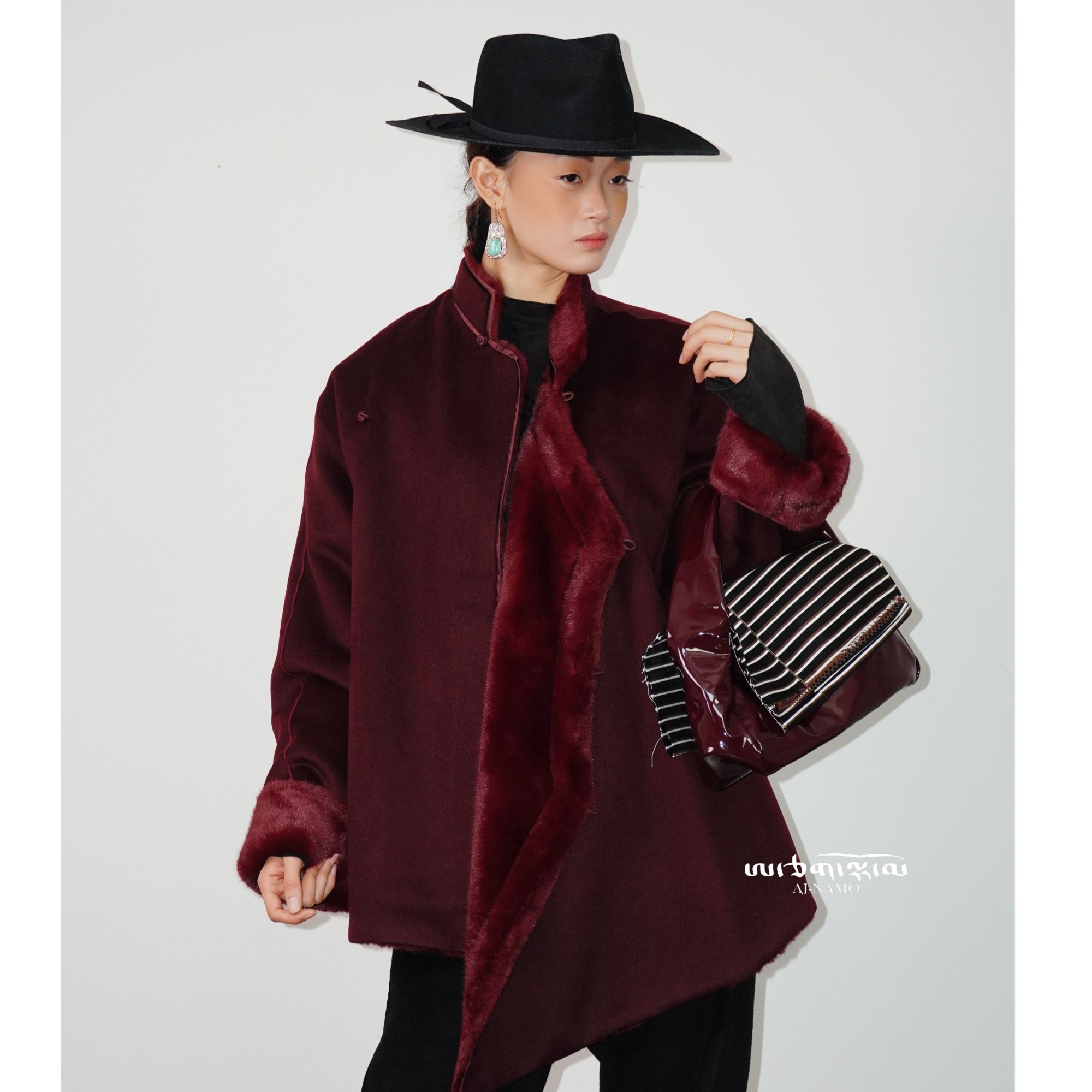 AJ-NAMO原创设计款勃艮第红水貂毛双面穿外套B373