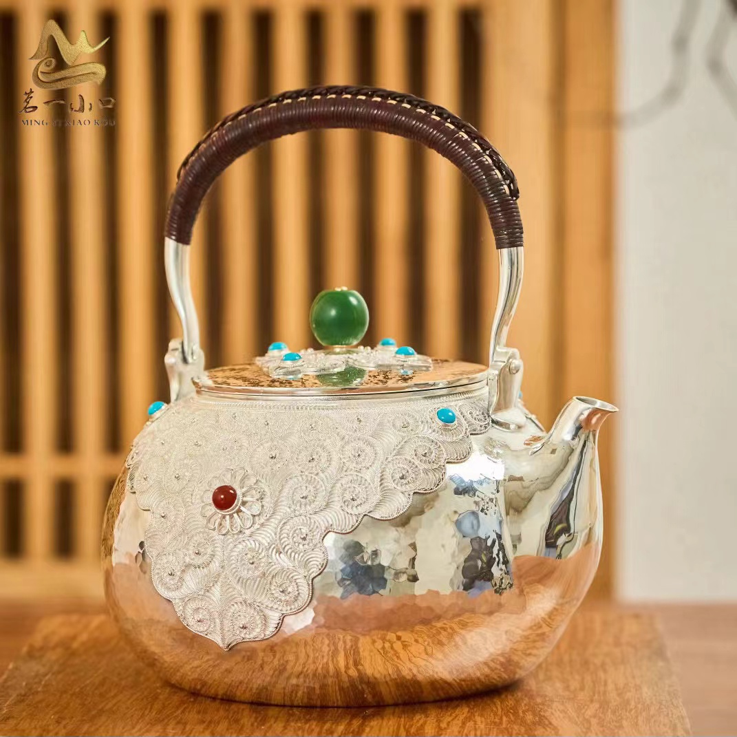 【茗一小口】传家系列 手工花丝嵌宝石足银999泡茶壶 