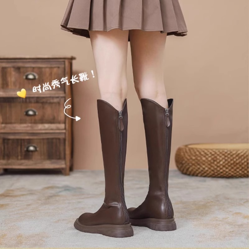 网红黑色长筒靴女显瘦百搭小个子厚底v口骑士靴ins加绒长靴