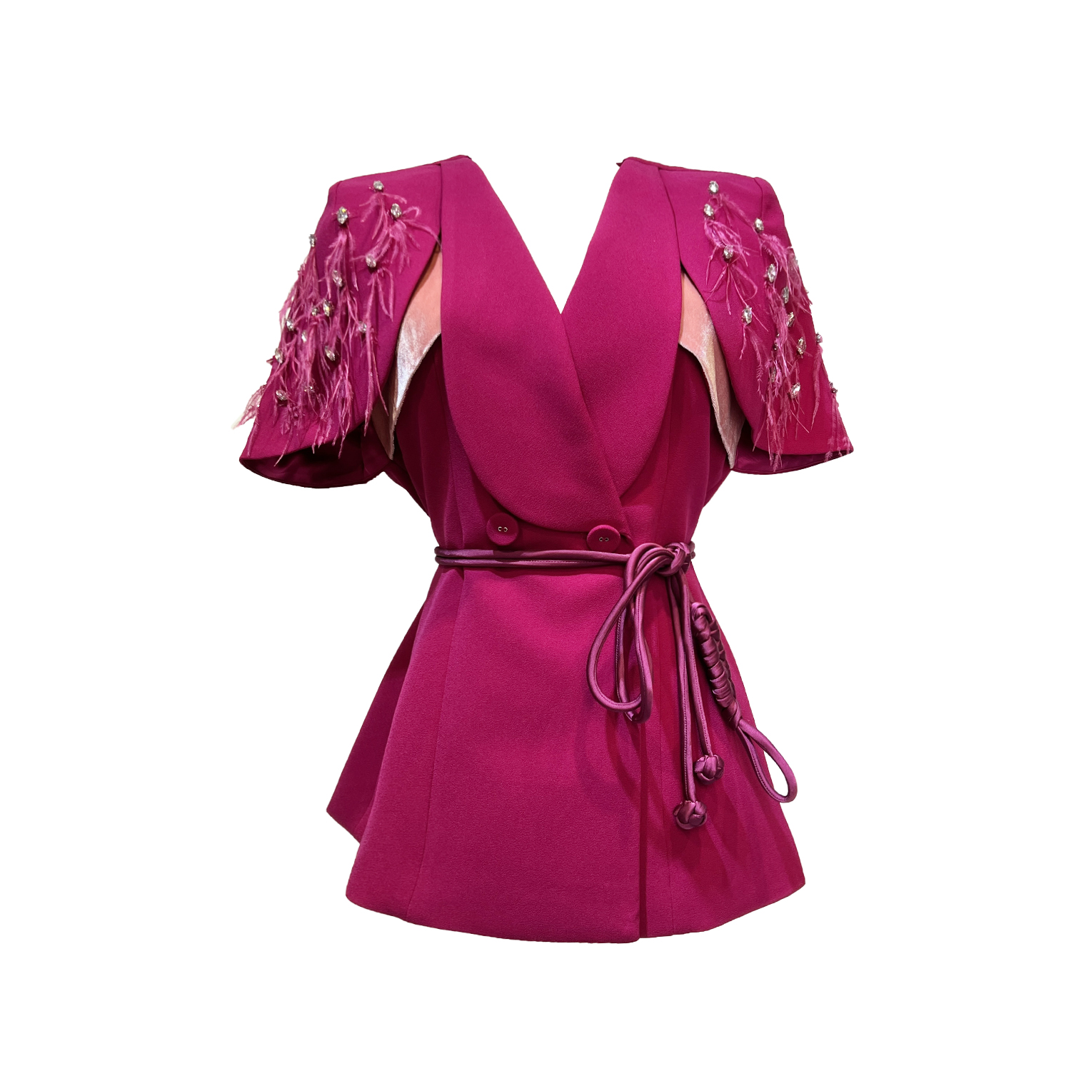 原创设计轻奢重工系带时尚短外套气质收腰修身显瘦酒红色上衣优雅