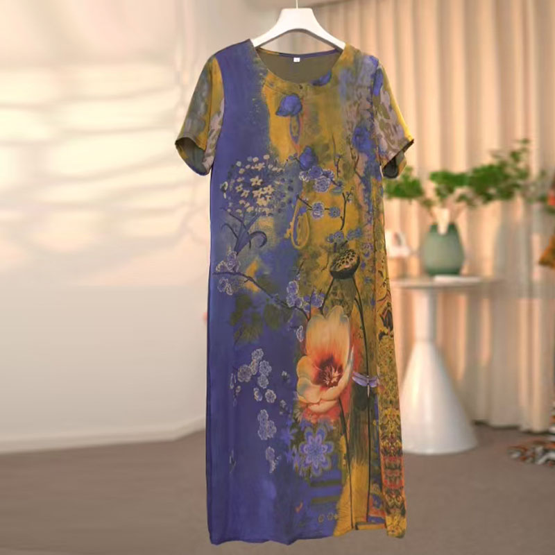 中长款新款妈妈仿真丝连衣裙中年大码夏季中老年印花时尚裙子