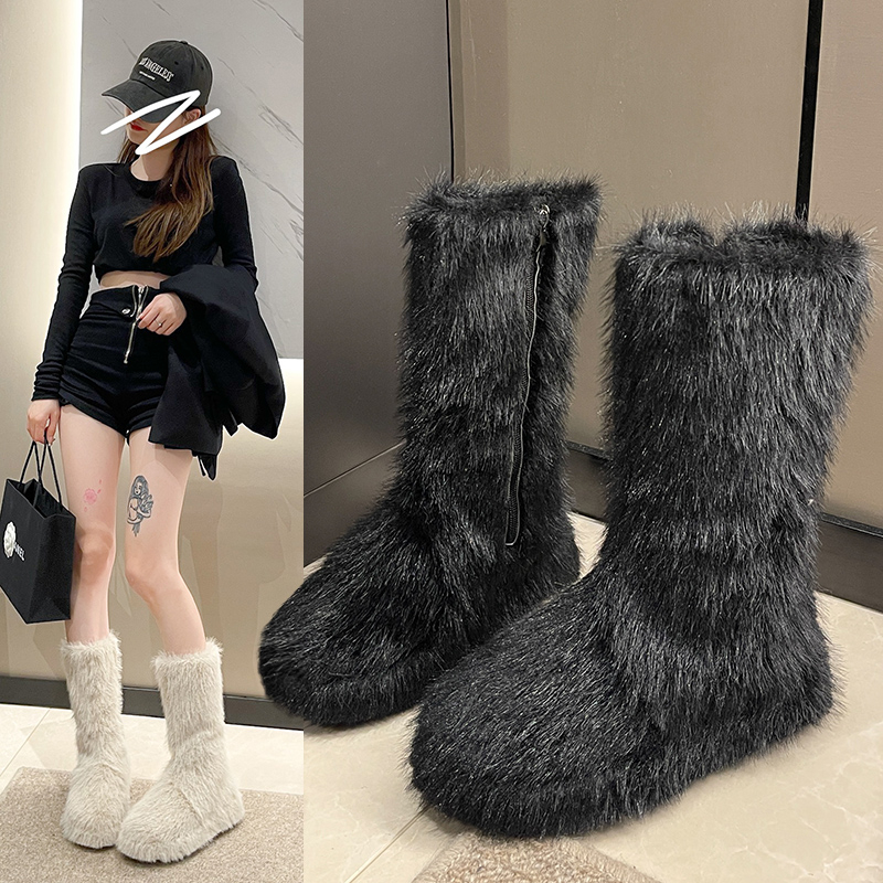 回力瑞毛毛雪地靴冬季女厚底小众毛茸茸长筒棉鞋加绒加厚中筒靴子