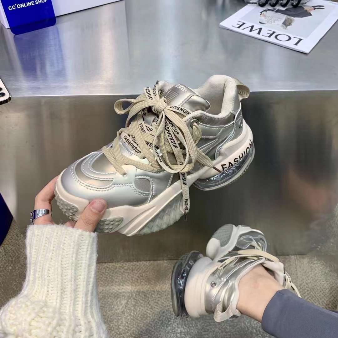 欧洲站潮流厚底气垫老爹鞋女2023拼色百搭松糕底网红运动休闲鞋