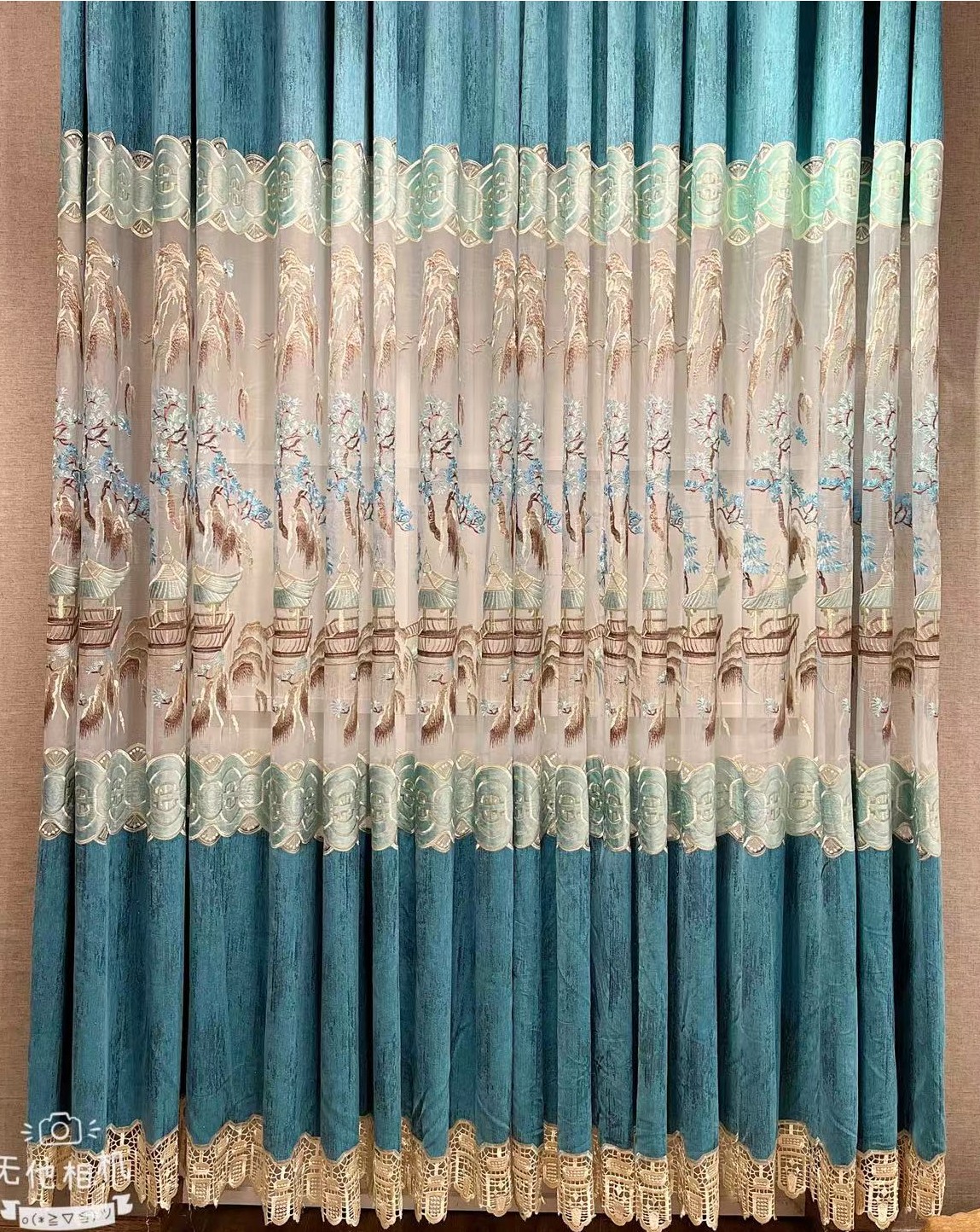 重工刺绣蓝色雪尼尔大镂空国风山水窗帘