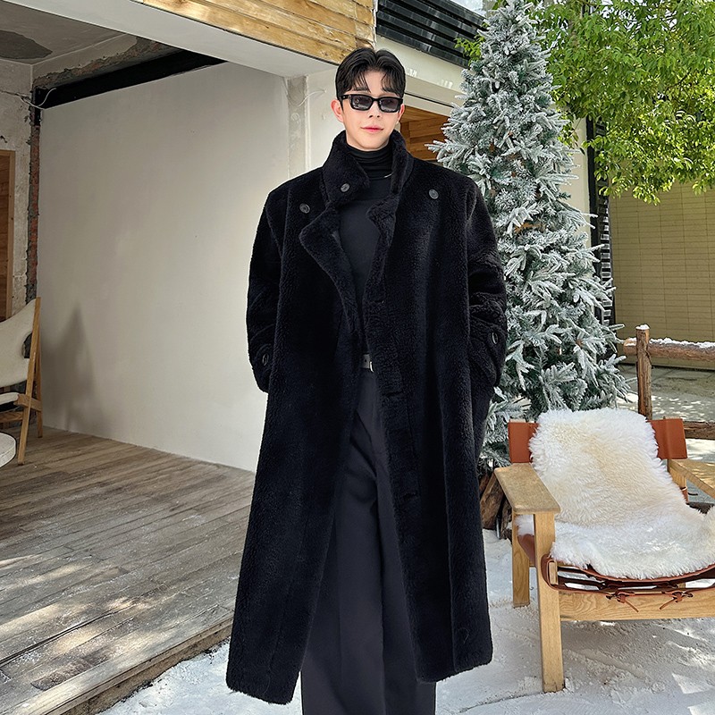 全羊毛男生皮草羊羔毛非皮毛一体外套冬季高级感过膝加长款大衣