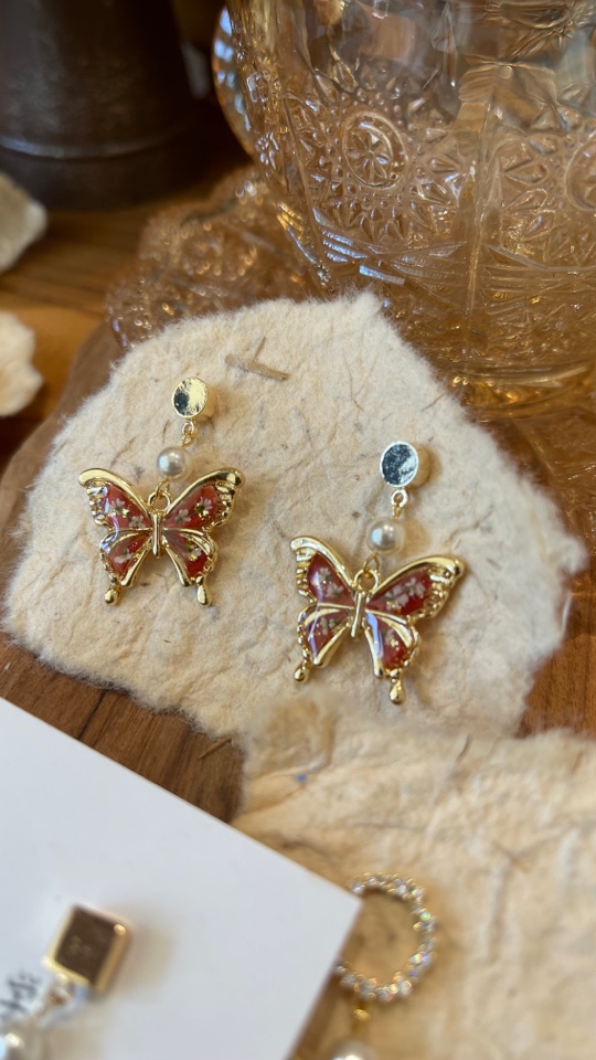 铜合金树脂耳饰 植物真花蝴蝶耳环押花标本原创手工耳环