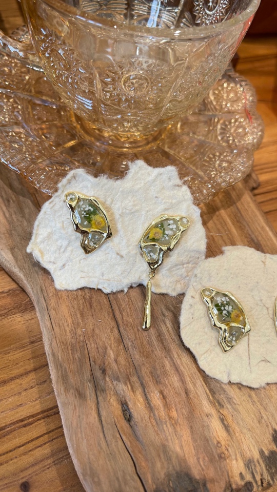 铜合金树脂耳饰 植物真花耳环蝴蝶耳钉押花标本原创手工耳环