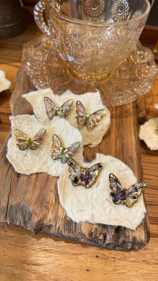 铜合金树脂耳饰 植物真花蝴蝶耳环耳钉押花标本原创手工耳环