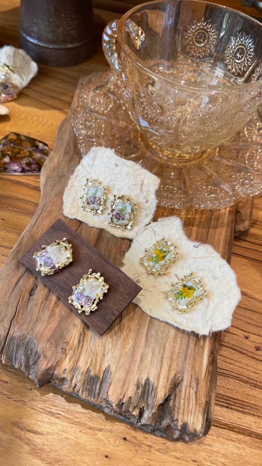 铜合金树脂耳饰 植物真花耳环耳钉押花标本原创手工耳环