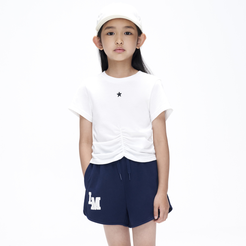 littlemoco童装23夏装新款女童棉收褶短袖T恤上衣#KBC2TEE048