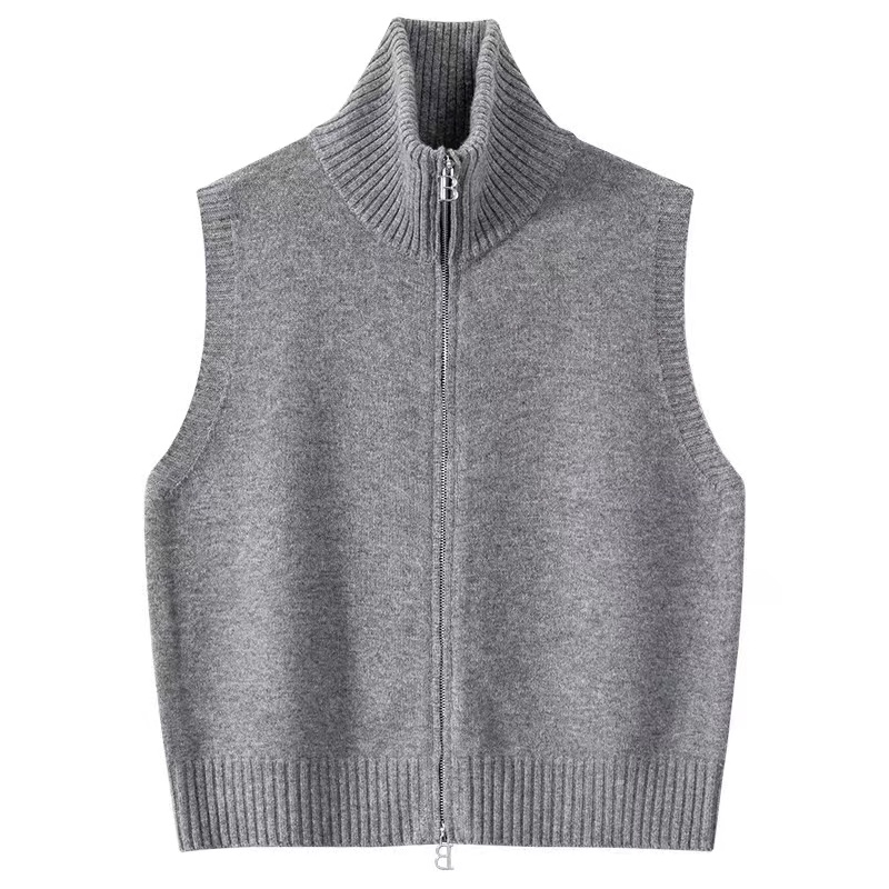 纯羊毛休闲立领拉链开衫针织马甲女外搭2025秋款时尚欧货外套百搭