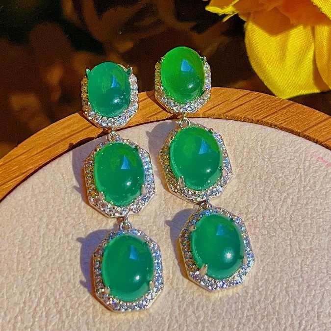 suichen/穗辰S925银镶嵌绿色蛋面玉髓新品高级轻奢气质耳坠54