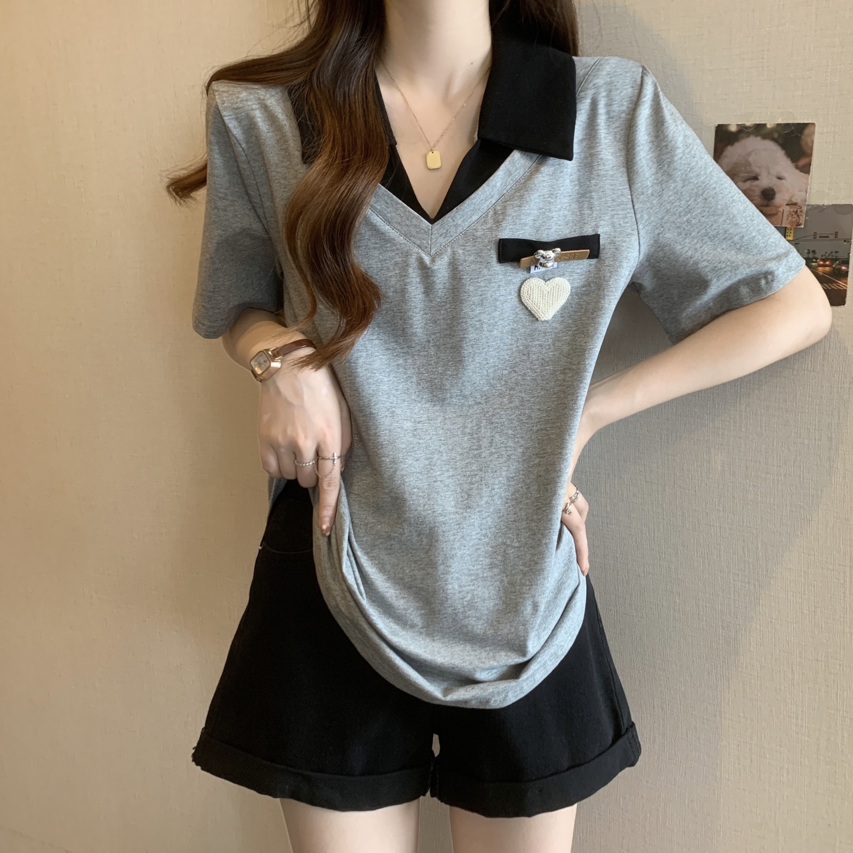 大码女装遮肚正肩POLO领假两件短袖T恤女胖妹妹宽松显瘦藏肉上衣