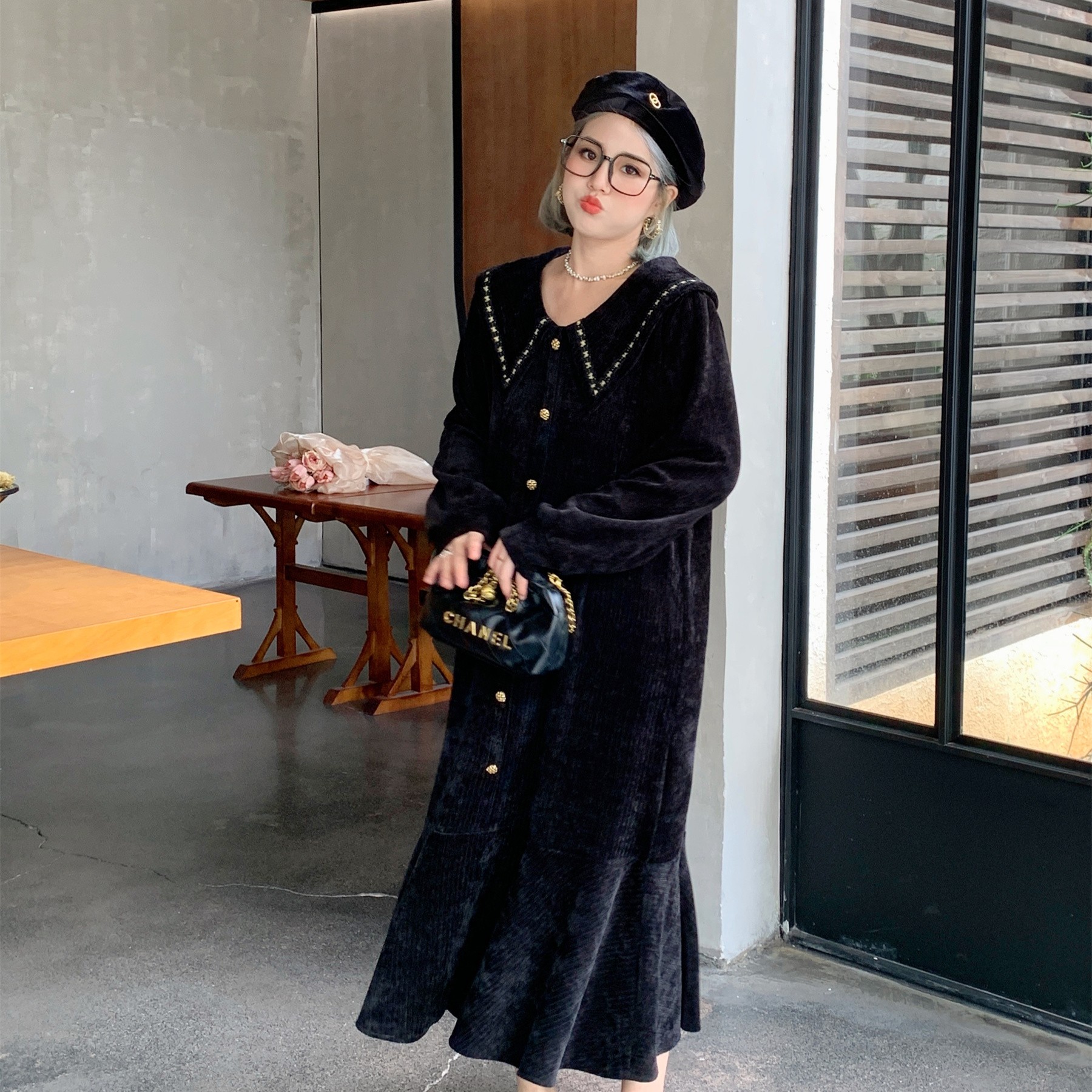 媛子大码显瘦连衣裙23秋新品高定气质贴织带翻领裙裙摆时尚81211