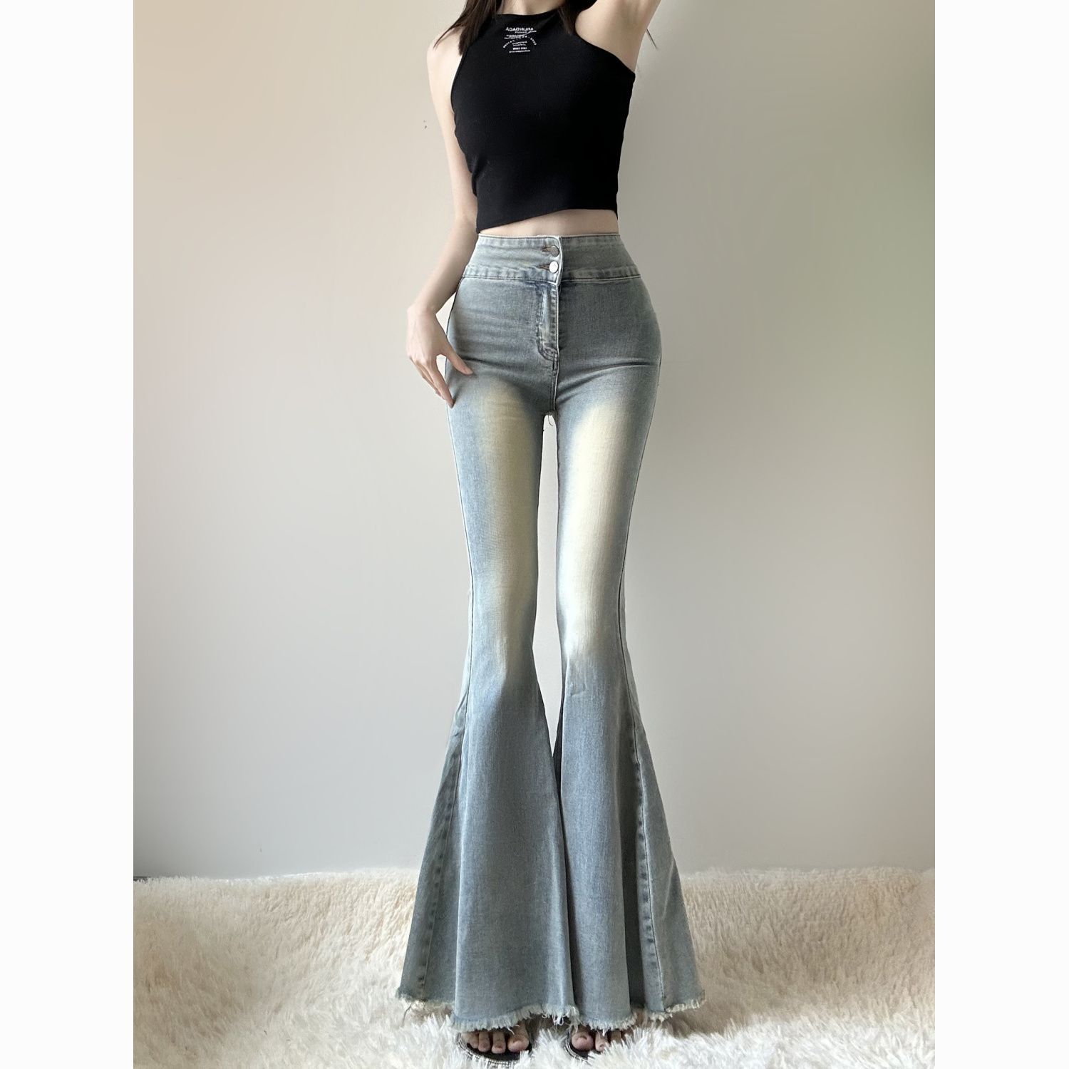 鱼尾牛仔裤女高腰新款大喇叭加绒显瘦复古弹力修身阔腿拖地长裤子