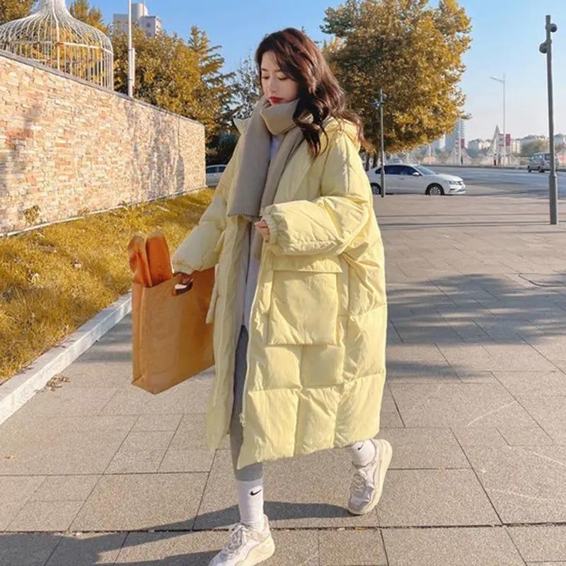 断码清仓奶黄色羽绒羽绒服女中长款2023冬季新款韩版宽松棉衣