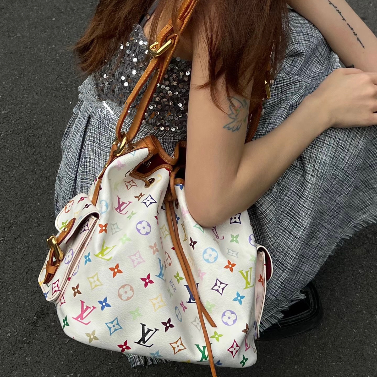 95新 LouisVuitton/路易威登 LV白三彩抽绳水桶单肩包972849