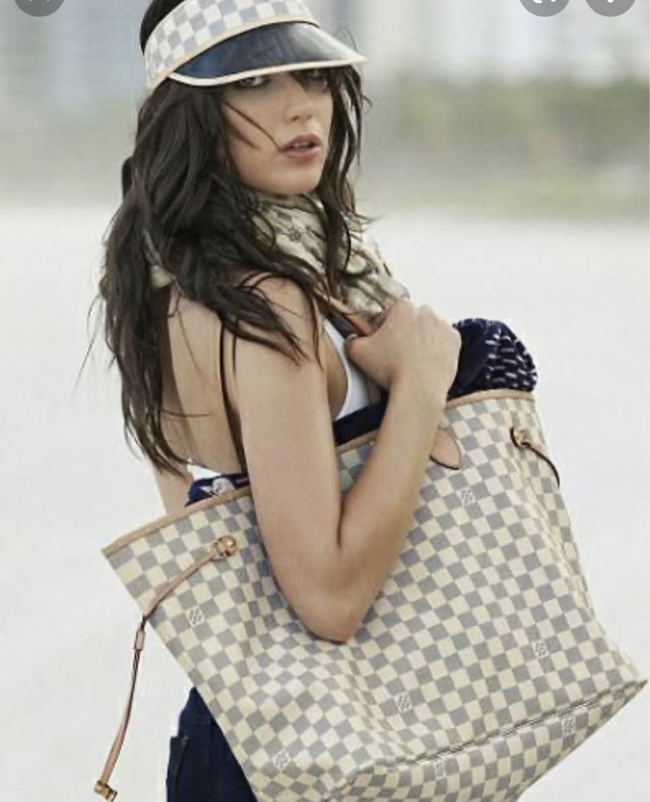 95新 LouisVuitton/路易威登 LV白棋盘格购物袋粉内971913