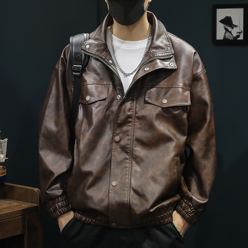 2023新款秋冬机车皮夹克男日系复古外套冬季宽松大码男士皮衣短款