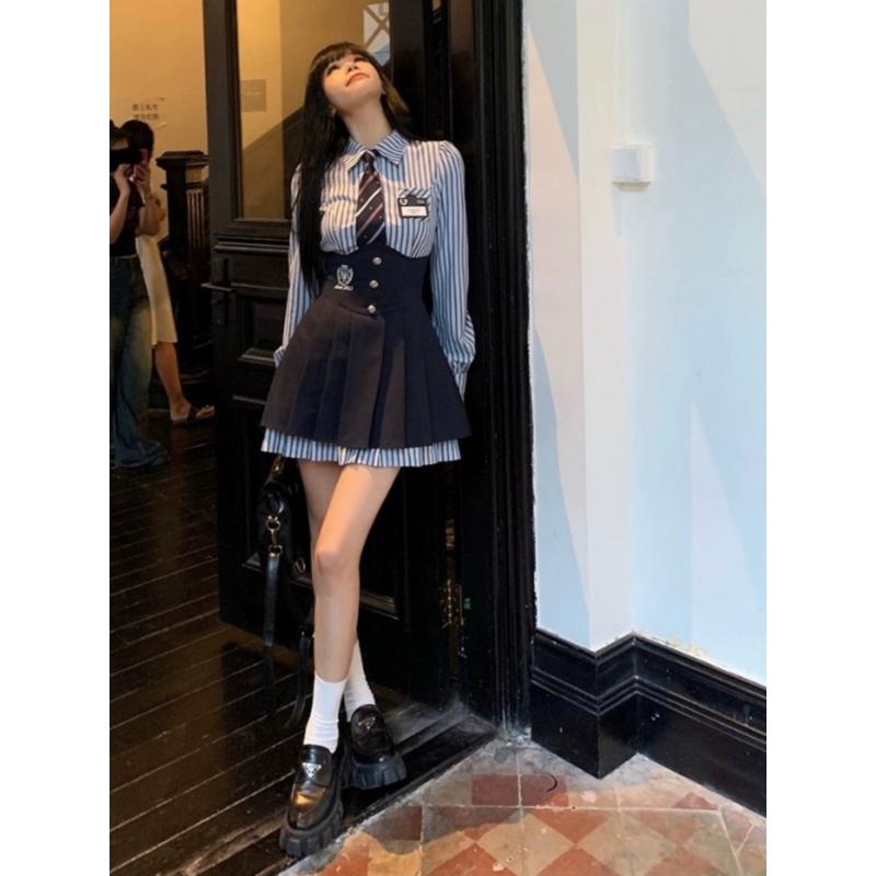 大码胖MM学院风遮肚显瘦秋季日系复古高腰条纹衬衫连衣裙女两件套