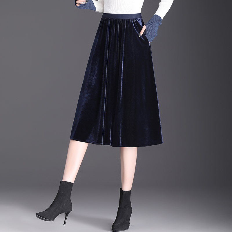 韩国绒半身裙女2025秋冬新款小个子高腰中长款显瘦春秋口袋a字裙