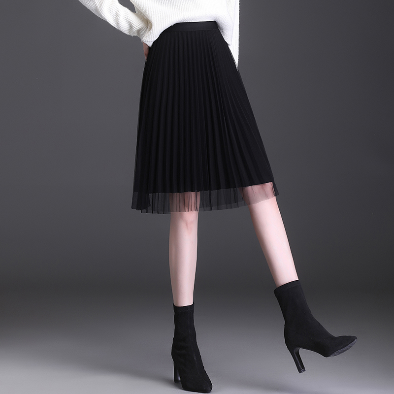 半身裙女百搭网纱小个子2025春秋新款高腰中长款秋冬百褶a字纱裙