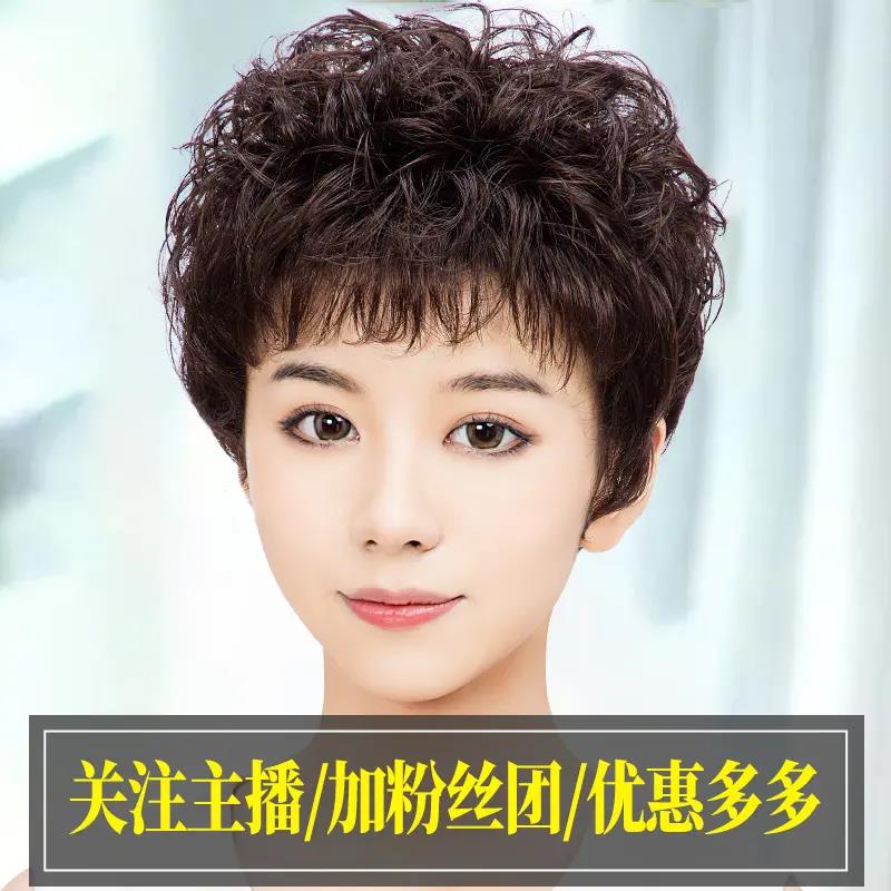 假发短发女夏季妈妈中老年全真人发丝全头套短卷发真发套头发自然