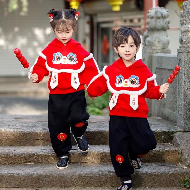 男童女童中小童龙年唐装汉服刺绣加绒拜年服中国风加厚新年两件套