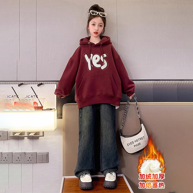 女童卫衣加绒2023秋冬款中大童韩版洋气网红时髦加厚休闲连帽上衣