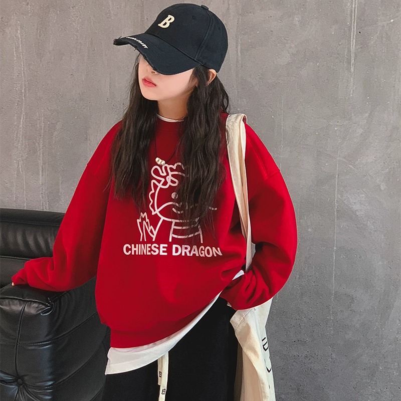 女童加绒卫衣冬季洋气圆领打底衫女大童本命龙年加厚红色上衣国潮