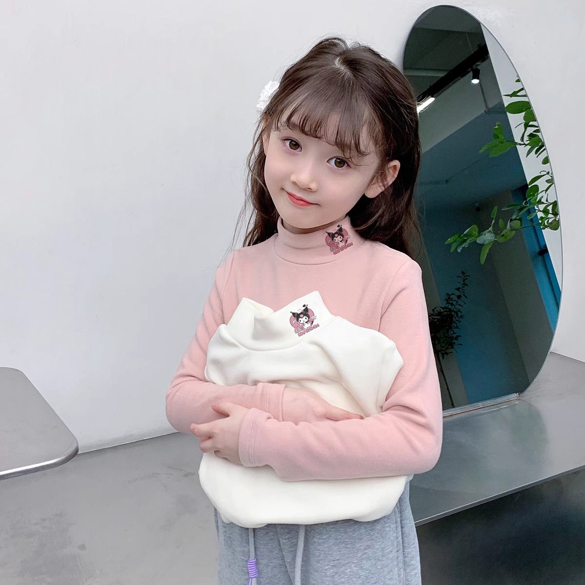 女童德绒半高领打底衫2023秋冬新款洋气库洛米印花儿童内搭保暖衣