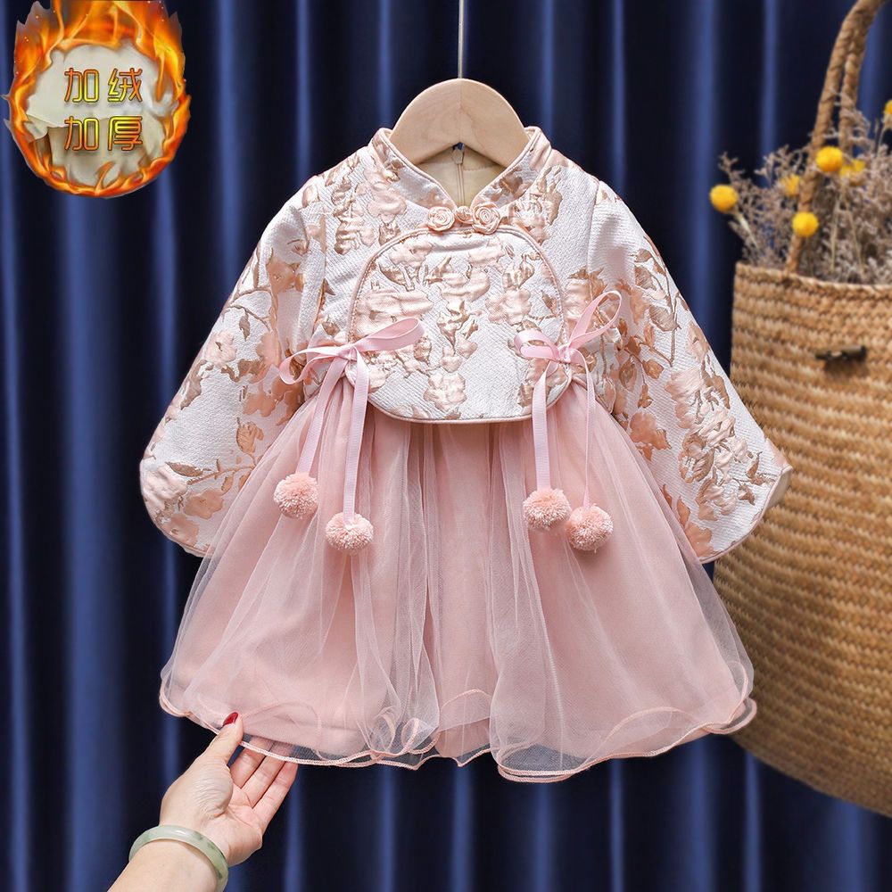 现货!!女童汉服秋冬季婴儿唐装连衣裙拜年服女宝宝周岁礼服裙子